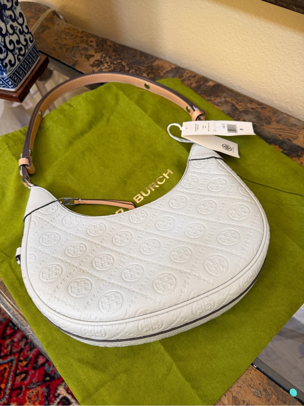 Tory Burch White Embossed Crescent Shoulder Bag with Tan Strap